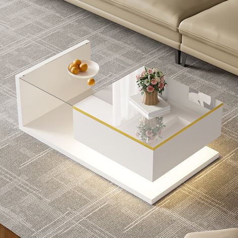 Table basse blanche laquée 90 cm, table d'appoint lumineuse en verre, meuble salon design avec LED, table basse moderne brillante. (1/5)