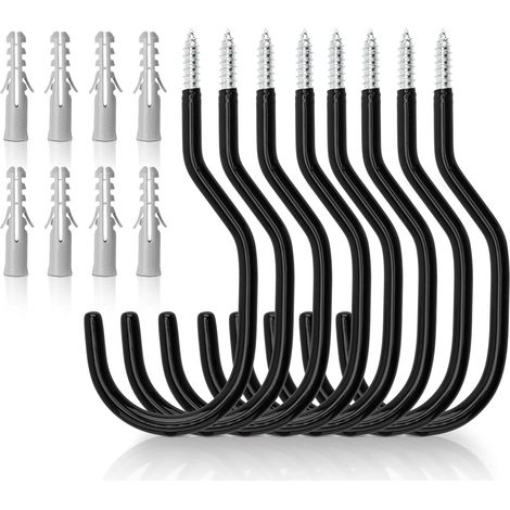 Juego de 8 ganchos negros para bicicletas, ideales para guardar en garajes y cobertizos. Ganchos de techo y soportes de pared con revestimiento de plástico para colgar bicicletas. (1/4)