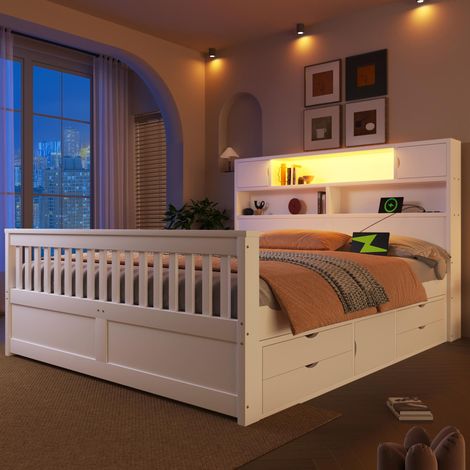 Cadre de lit plateforme (160x200cm) avec étagères et compartiments de rangement, éclairage LED, port USB et quatre tiroirs, blanc, garantie 2 ans (1/5)
