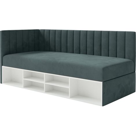 Selsey Ventrio - Jugendbett linksseitig mit Regalen, Easy-Clean-Samtbezug, blaugrau (1/5)