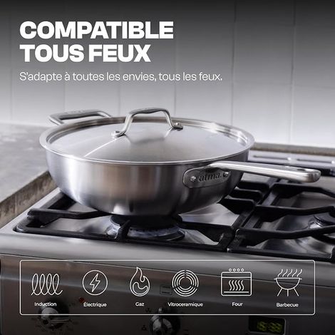 3-Ply Stainless Steel Wok 24 cm with Lid Suitable for Induction (1/3)