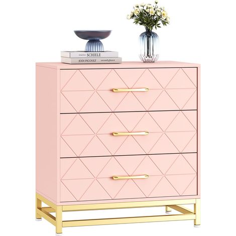 Commode Moderne à 3 tiroirs - Design Compact et Robuste MDF de Haute qualité Poignées dorées élégantes Fermeture amortie système Anti-basculement (Rose) (1/5)