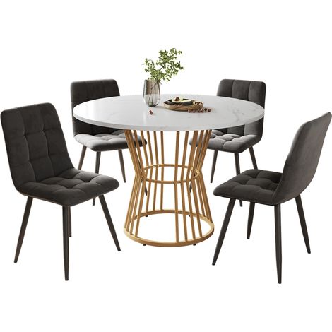Lot de 5 pièces pour salle à manger : table ronde 100 cm en MDF effet marbre, pieds métal dorés réglables, 4 chaises en velours multicolores – CHICFURN (1/5)