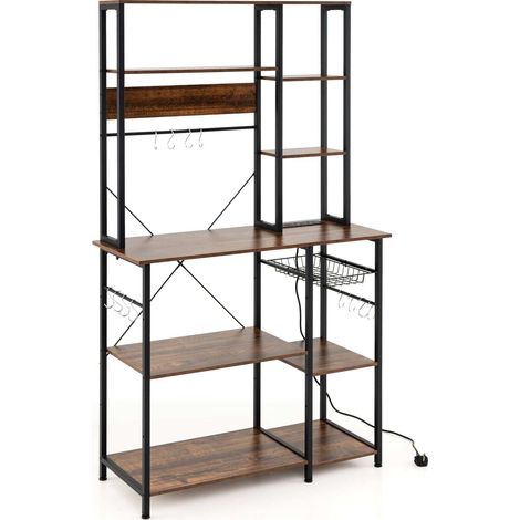 Étagère de cuisine 6 niveaux en métal avec prises intégrées, panier filaire et crochets amovibles pour cuisine et cellier