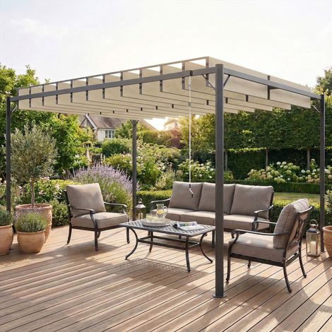 Pérgola de Jardín 3x4 m con Protección UPF 50+ Gazebo con Techo Ajustable Estructura de Metal para Exterior Crema (1/5)