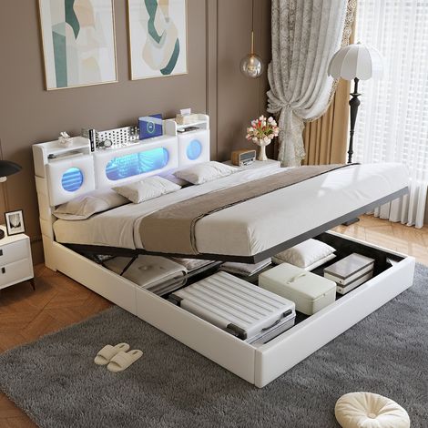 Lit 140x200 cm avec sommier et rangement, lit coffre à LED et USB, lits 2 place hydraulique avec étagères ouvertes et tête de lits rembourré, PU, blanc