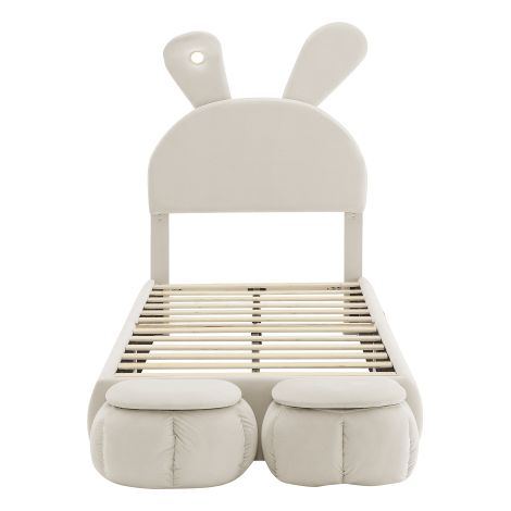 Lit simple velours beige 90x200, oreilles lapin LED + 2 poufs rangement