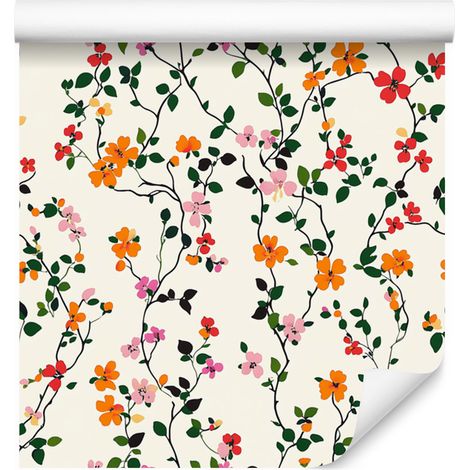 Carta da parati con piccoli fiori bianchi, grigio chiaro e crema 50x1000 cm (1/5)