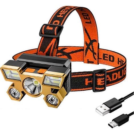 Lampe frontale 5XLED avec batterie intégrée, rechargeable par USB, lampe torche portable, lanterne, lampe frontale de camping en extérieur