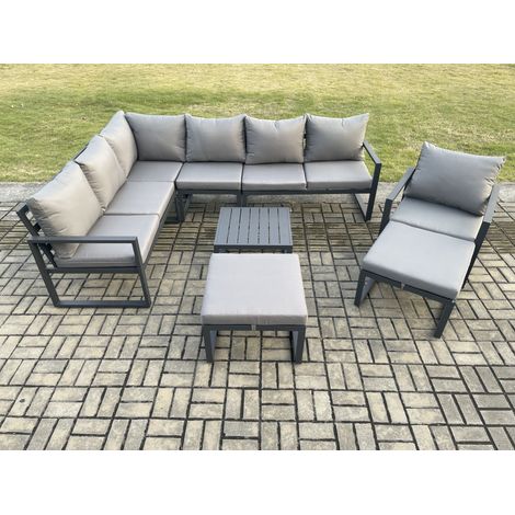 Fimous 9 Seater Outdoor Lounge Corner Sofa Set Aluminum Garden Furniture Sets with Square Coffee Table Chair 2 Big Footstool Dark Grey (1/5)