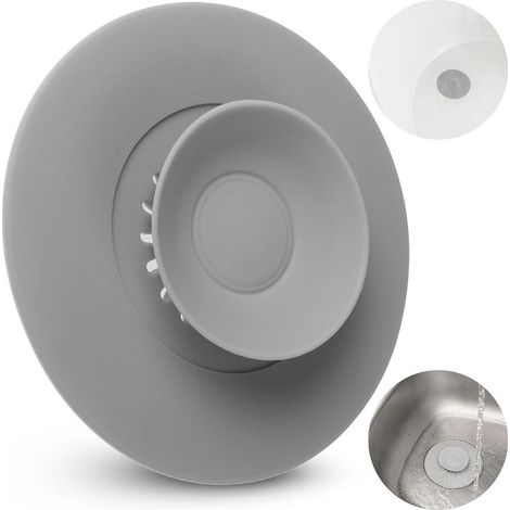 Tapón de desagüe universal, 1 unidad, Ø 11 cm, gris, silicona, filtro integrado para restos de comida y cabello, desagües de hasta Ø 80 mm para fregadero, lavabo, bañera, tapones de desagüe con filtro (1/5)
