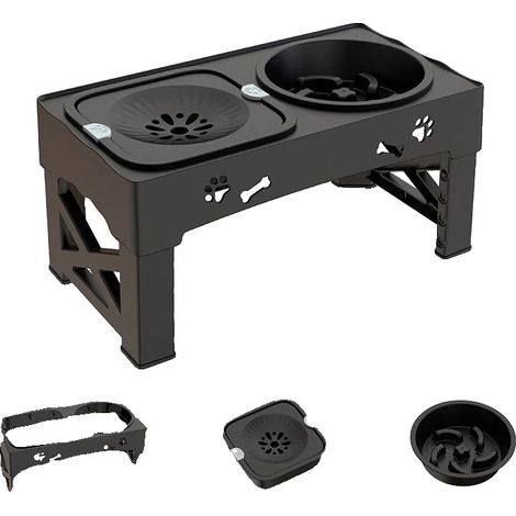 Dispensador de comida para mascotas, altura ajustable, doble recipiente, negro. (1/2)