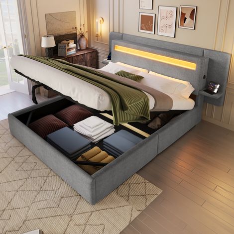 Modernluxe - Lit coffre capitonné 140x200 cm - avec rangement coffre - table de chevet, port USB et LED - MDF + Lin - Gris (sans matelas) (1/5)