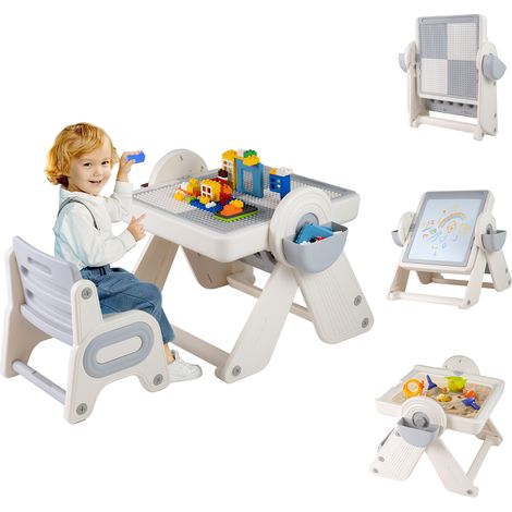 Table et chaise enfant 6 en 1 gris et blanc avec tableau blanc, chevalet et rangement pour chambre, salle de jeux et plein air