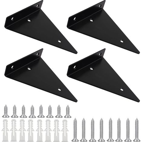 Un ensemble de 4 supports d'étagère, supports triangulaires en fer noir dissimulés robustes, adaptés aux étagères de cuisine, de bureau et de jardin (130×140 cm).