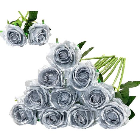 Lot de 12 Roses artificielles en Soie (Argent) pour décoration d'intérieur, de fête de Mariage (1/5)