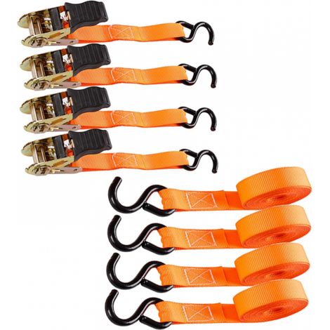 4 sangles à cliquet orange de 800 kg, 5 m, avec tendeur à cliquet, pour déplacer des véhicules, des remorques et des vélos. (1/5)