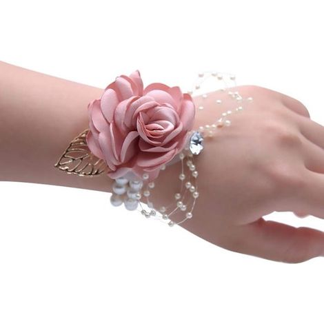 Elegante bouquet da polso per damigelle e paggette. Fiori di seta per decorazioni di matrimoni e feste. Regalo perfetto in rosa champagne. (1/5)