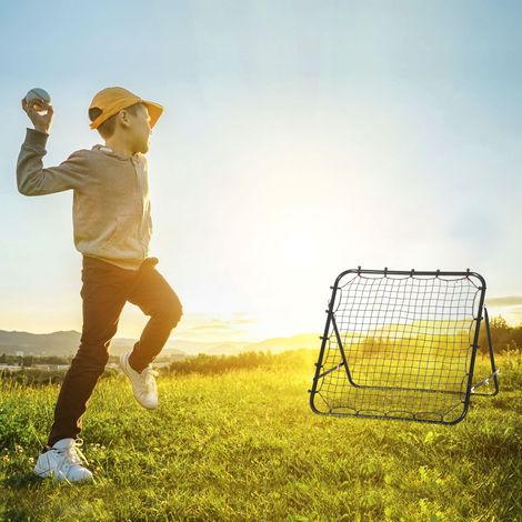 Winkelverstellbares Metall-Rückprallnetz mit 20 elastischen Seilen für Fußball- und Tennistraining, 96 x 80 x 96 cm, schwarz