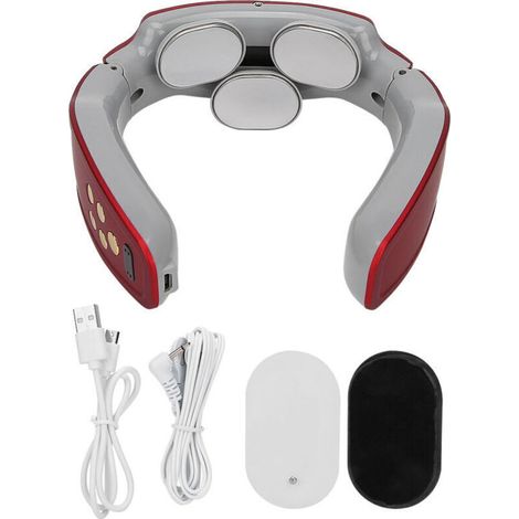 Smart rechargeable neck massager - 3 physiotherapy heads - Red - Ergonomic design
