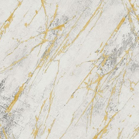 Empapelado aspecto piedra azulejos Profhome 388173 papel pintado vinílico estampado en caliente tejido non tejido texturado de aspecto mármol mate blanco oro gris 5,33 m2