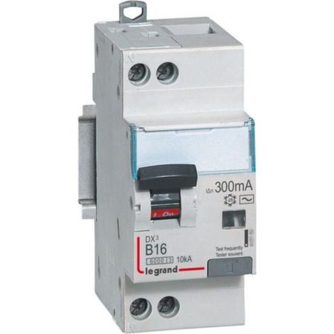 Disjoncteur différentiel monobloc DX³6000 10kA arrivée haute départ bas à vis U+N 230V - 16A - typeAC 300mA - courbe B - LEGRAND