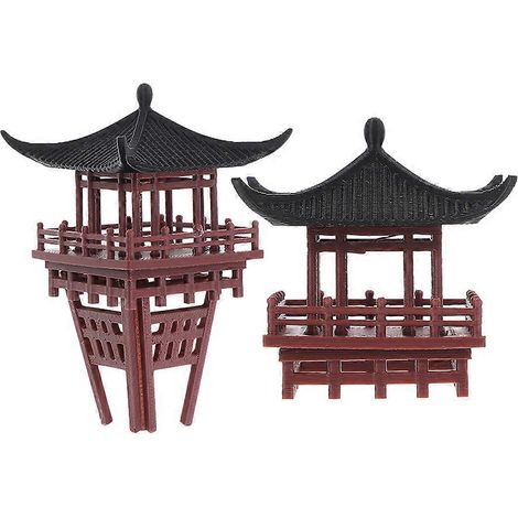 Ensemble de 2 sculptures miniatures de pavillon : Modèle de pavillon chinois traditionnel avec support - ornements miniatures de jardin bonsaï, adaptés à la décoration de jardin et d'aquarium. (1/5)