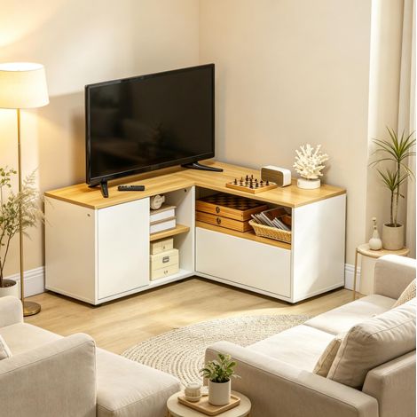 Meuble TV d'angle L 90x90x45 cm en panneau de particules blanc et bois, gain de place – MEUBLIV (1/5)