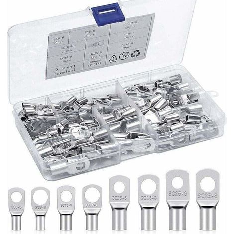 Kit de bornes à sertir, bornes électriques 6 mm², 10 mm², 16 mm², 25 mm², bornes à anneau, bornes en cuivre étamé, connecteurs SC, adaptés aux batteries automobiles et motos (120 pièces). (1/4)