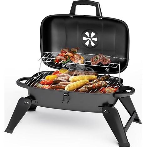 Tragbarer Holzkohlegrill mit Deckel, Kompakter Mini Camping Grill für Outdoor, Smoker BBQ Grill Klappgrill mit 2 Ebenen Kochbereich für Party, Garten & Hinterhof, Schwarz (1/5)