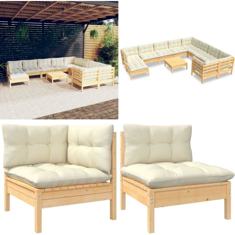 Muebles de jardín 11 pzas y cojines madera de pino crema - Muebles de exterior - Cojines de madera