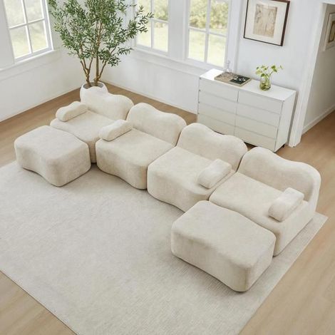 Canapé modulaire - KOMHTOM - Canapé modulable U - 4 places - Velours beige - 2 ottomans (1/5)