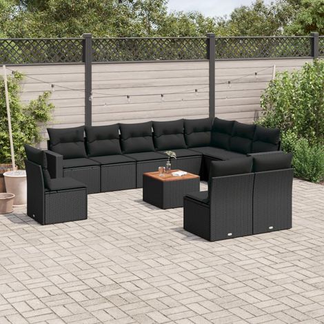 11-tlg. Garten-Sofagarnitur mit Kissen Schwarz Poly Rattan (1/3)