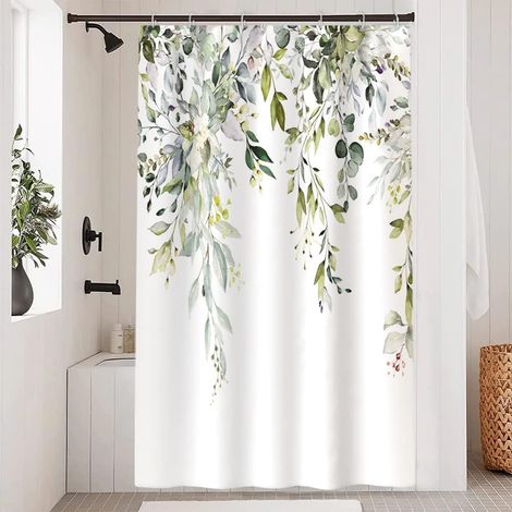 1 Rideau Douche 120x200cm Motif Eucalyptus, Tissu Polyester Imperméable Avec 8 Crochets Pour Salle De Bain