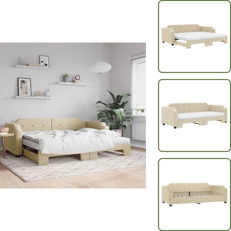 The Living Store Lit de jour avec gigogne et matelas crème 90x200 cm tissu - Canapé Convertible - Lit Gigogne - Lit Deux Places - Literie - Meubles De Salon