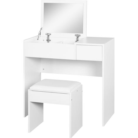 Makeup Desk with Drawer, Vanity Table Set with Flip-up Mirror Cushioned Stool, White (1/5)