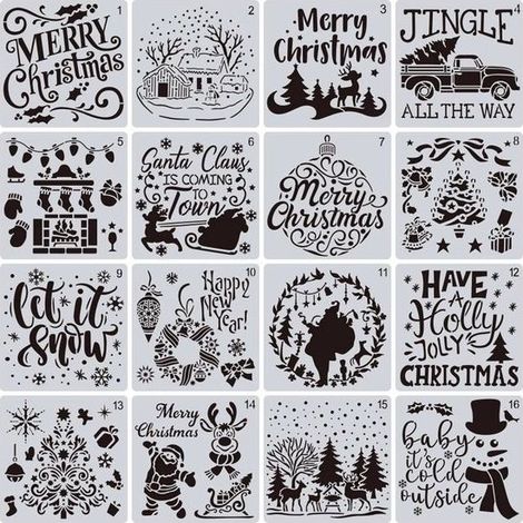 Lot de 16 pochoirs souples - Modèles Noël - 15 x 15 cm - Pour bullet journal et lettrage à la main - Accessoire créatif (1/4)