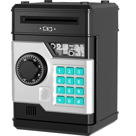 Tirelire électronique avec code, lecteur d'empreintes digitales et fonction de retrait automatique, idéale comme cadeau pour les enfants (noire). (1/5)