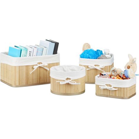 Relaxdays 4 Sets of Bamboo Storage Baskets, Various Shapes and Sizes, Total 16 Bins for Shelves or Closet, Natural Brown