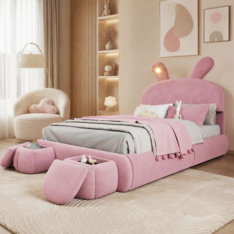 Doppelbett 140x200 cm Rosa Samt mit Hasenohren, LED-Licht, Stauraum und hydraulischem Hebesystem (1/5)