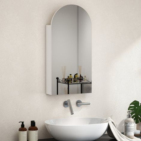 Armoire de salle de bain avec miroir arqué sans cadre et étagères en verre réglables, blanche (1/5)