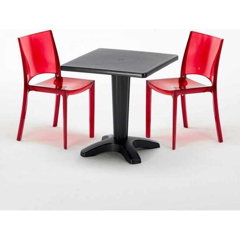 Tisch Quadratisch mit 2 Bunten Polycarbonat Outdoor Stühlen Grand Soleil Cafè