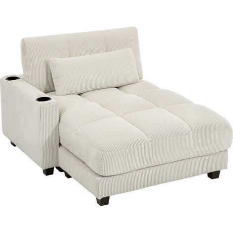 Sofá cama convertible con cojines y portavasos, color blanco crema