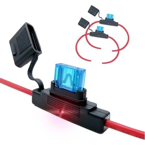 Wasserdichter Durchgangsloch-Sicherungshalter mit LED-Anzeige, Schutzart IP67, kompatibel mit MAKI-Flachsicherungen, 12 V/24 V, max. 50 A DC, 8 AWG Kabel – Schwarz – Geeignet für Kfz, Boote, Lkw, Wohn