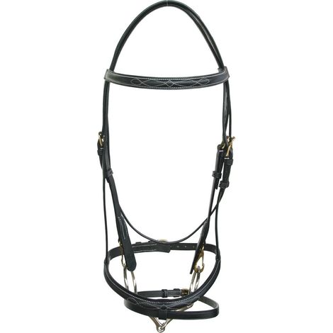 Testiera inglese in cuoio con impuntura decorativa su frontalino e capezzina: Pony, Nero (10)
