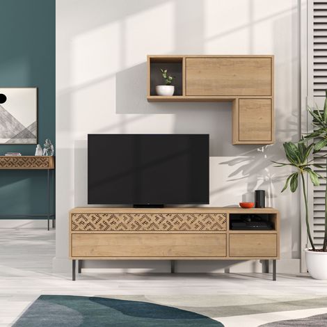 Decortie Heaton Modern Tv Unit With Storage And Wall Shelf 144.6cm - Oak (1/5)