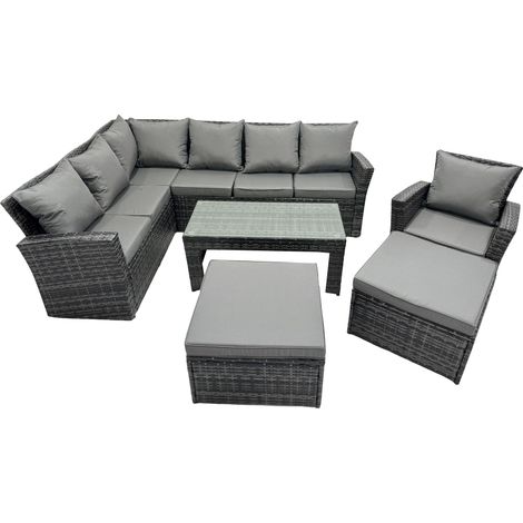 Fimous 9 Seat Poly Rattan Outdoor Patio Oblong Coffee Table Corner Sofa Set with 2 Big Stool Chair for Garden Backyard Dark Grey Mixed (1/5)