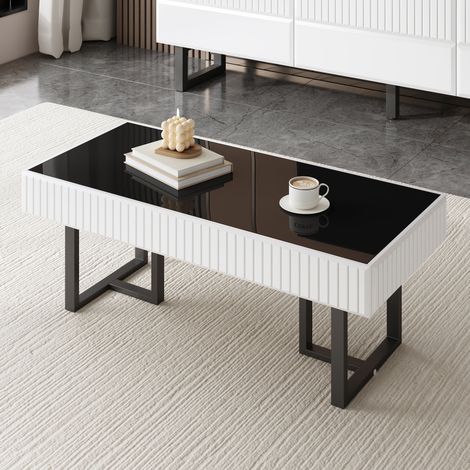 Table basse rectangulaire 110x50,5x41 cm avec plateau noir brillant, noir et blanc (1/5)