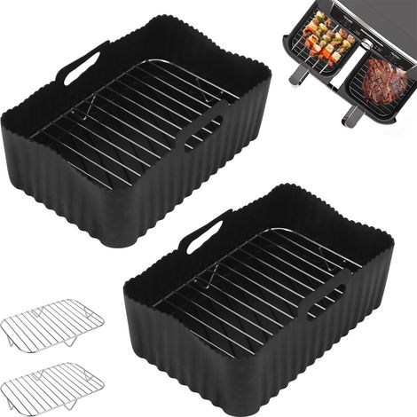 Moules silicone air fryer double panier 2 pcs avec grilles, accessoires friteuse à air 20,3x13,6x8 cm noir (1/5)