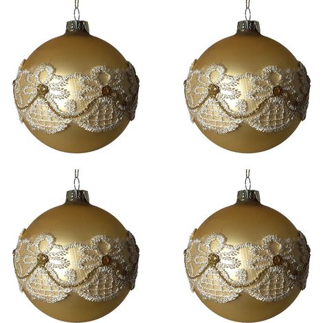 Palline in vetro soffiato con pizzo e perle oro decorazioni per albero di natale addobbi sfera cm 10 set da 4 (1/5)